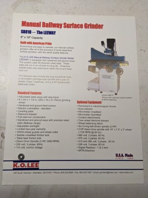 K.O. Lee Tool Sales Brochure Specs Features Ballway Surface Grinder Leeway Sb818