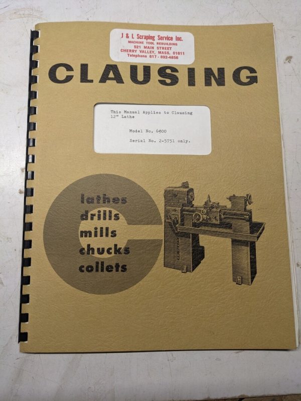 Clausing Instruction Operator Service Manual Parts List Lathes 12 ...