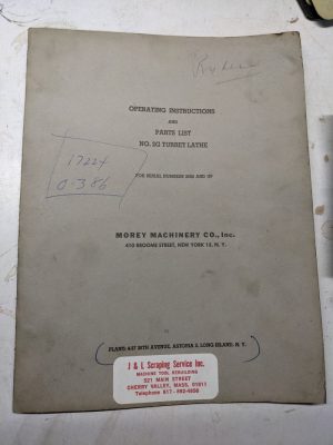 Morey Machinery Operator Service Manual Parts List 2G Turret Lathe Machine 1943