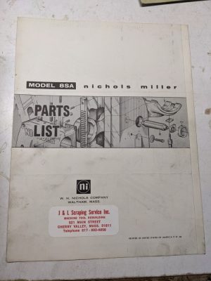 Nichols Milling Machine Tool Service Repair Parts List Book Manual Model 8Sa