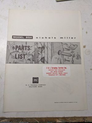 Nichols Milling Machine Tool Service Repair Parts List Book Manual Model 8Sa