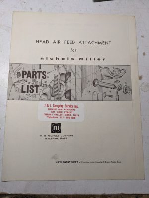 Nichols Milling Machine Service Parts List Manual Head Air Feed Attachment