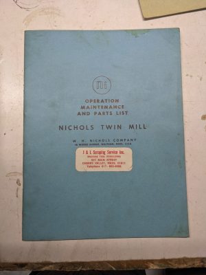 Nichols Twin Mill Operator Service Manual Parts List Tm-1 Machine Tool Shop Book