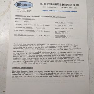So-Low Equipment Operator Service Manual Freezer Pr120-5 Parts List Shop Book