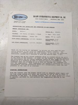 So-Low Equipment Operator Service Manual Freezer Pr120-5 Parts List Shop Book