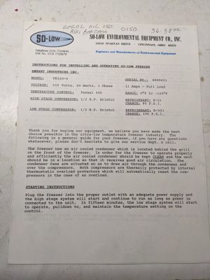 So-Low Equipment Operator Service Manual Freezer Pr120-5 Parts List 8990631