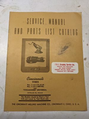 Cincinnati Operator Service Manual Parts List Book Vises #3 5 Toolmakers 1944
