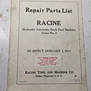 Racine Tool Machine Service Repair Parts List Manual #6 Stock Feed Automatic