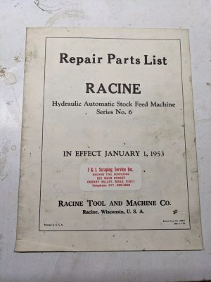 Racine Tool Machine Service Repair Parts List Manual #6 Stock Feed Automatic