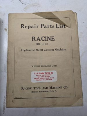 Racine Tool Machine Service Repair Parts List Manual Oil Metal Cutting 1936