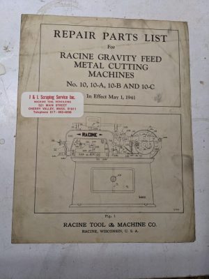 Racine Tool Machine Repair Parts List Manual #10- A B C Metal Cutting 1941