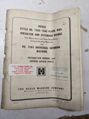 Heald Operator Service Manual Parts List Book Model 72A3-72A5 Grinding Machine