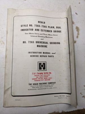 Heald Service Manual Parts List Catalog Model 72A3-72A5 Grinding Machine
