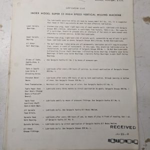 Index Machine Tool Company Super 55 Model Milling Machine Lubrication/Parts List