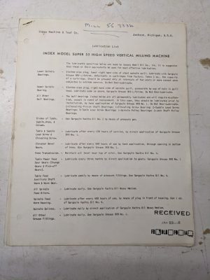 Index Machine Tool Company Super 55 Model Milling Machine Lubrication/Parts List