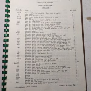 Index Machine Tool Company 40-H Model Milling Machine Operator Manual Parts List