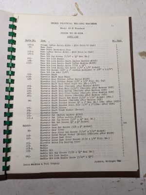 Index Machine Tool Company 40-H Model Milling Machine Operator Manual Parts List