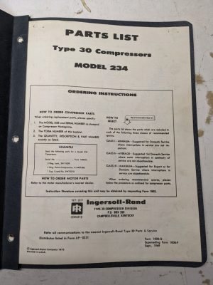 Ingersoll-Rand Instruction Manual Type 30 Compressors Model 234 1969 Shop Book