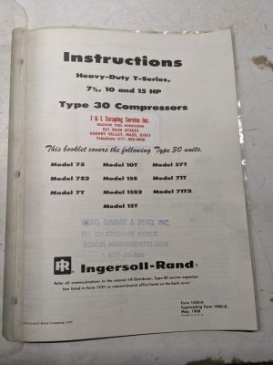 Ingersoll-Rand Instruction Manual Type 30 Compressors 7.5 10 15 Hp T-Series Hd