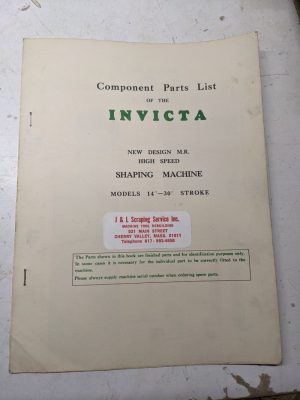 Invicta Service Repair Component Parts List Manual Shaping Machine 14-30” M.R.