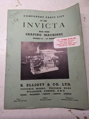 Invicta Service Repair Component Parts List Manual Shaping Machine 14-24”