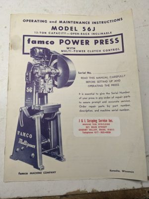 Famco Machine Power Press Model 56J Operator Service Manual Parts/Price List