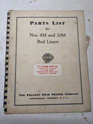 Fellows Gear Shaper Co Service Parts List Manual Catalog Red Liners #8M 20M 1952