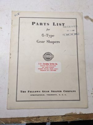 Fellows Co Service Parts List Manual Catalog #6 Type Gear Shapers Machine 1947