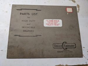 Gould Eberhardt Service Parts List Book Manual Invincible Shapers 1943 Machine