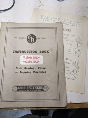 Grob Brothers Operator Service Manual Parts List Sawing Filing Lapping Machines