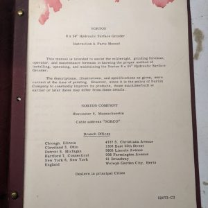 Norton Operator Service Manual Parts List 8X24” Hydraulic Surface Grinder 1953