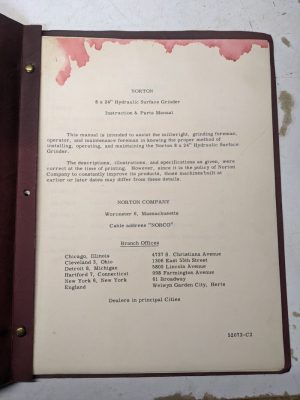 Norton Operator Service Manual Parts List 8X24” Hydraulic Surface Grinder 1953
