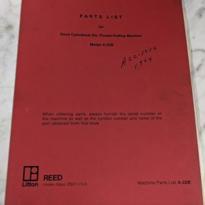 Reed Service Parts List Manual Catalog Die Thread Rolling Machine A-22B 1981