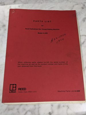 Reed Service Parts List Manual Catalog Die Thread Rolling Machine A-22B 1981