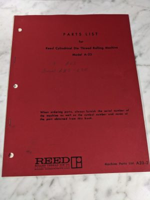 Reed Service Parts List Book Manual Catalog Die Thread Rolling Machine A-23