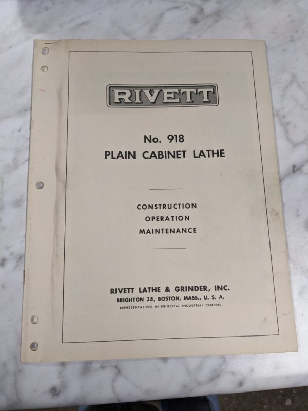 Rivett #918 Plain Cabinet Lathe Operator Service Manual Parts List Book ...