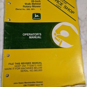 Jd John Deere Service Shop Operator Manual 20” Walk Behind Mower Om-Ty20800 K5
