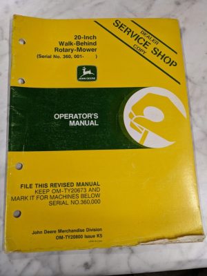 Jd John Deere Service Shop Operator Manual 20” Walk Behind Mower Om-Ty20800 K5