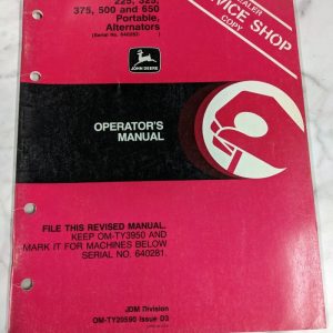 John Deere Operator Manual 225 325 375 500 650 Portable Alternator Om-Ty20590 D3