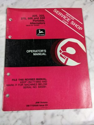 John Deere Operator Manual 225 325 375 500 650 Portable Alternator Om-Ty20590 D3