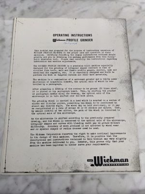 Wickman Profile Grinder Operator Service Instruction Manual Shop Machine Copy