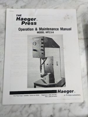 Haeger Press Operator Service Maintenance Manual Model Hp2.5-A Shop Book