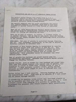 Hanson Whitney Thread Milling Machine 4X9” Setup Description Operator Manual
