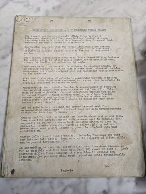 Hanson Whitney Thread Milling Machine 4X9” Set-Up Description Operator Manual