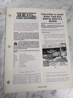 Gehl Instruction Install Water Tank Kits 802418 802419 802420 Farm Manual 902944