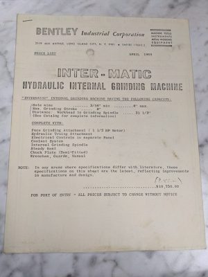 Bently Industrial Machine Sales Brochure Grinding Machine Inter-Matic Copy Tool