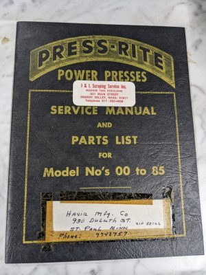 Power Press-Rite Operator Service Manual Parts List Book Catalog Model #00 To 85