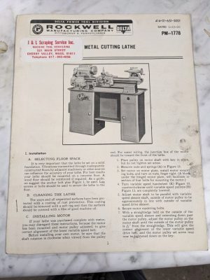 Delta Rockwell 11” Metal Cutting Lathe Operator Service Manual Parts List Book