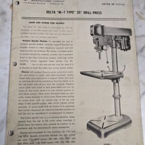 Rockwell Delta W-T Type 20” Drill Press Operator Service Manual Parts List 1964