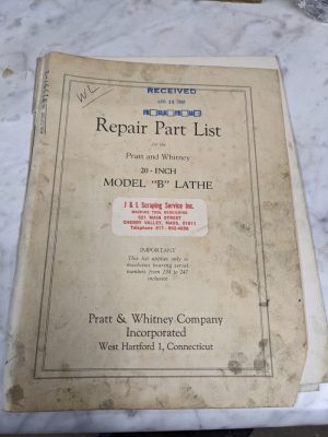 Pratt Whiteney 20” Model B Lathe Service Repair Parts List Manual Book 138-247